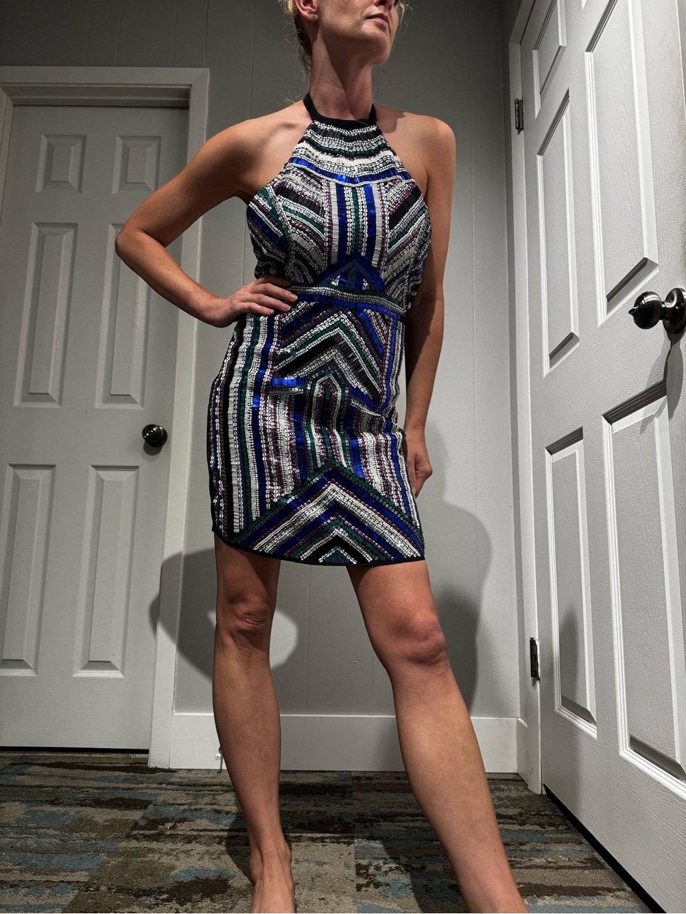 Sequin Embellished Mini Dress in Black with Blue & Green Accents